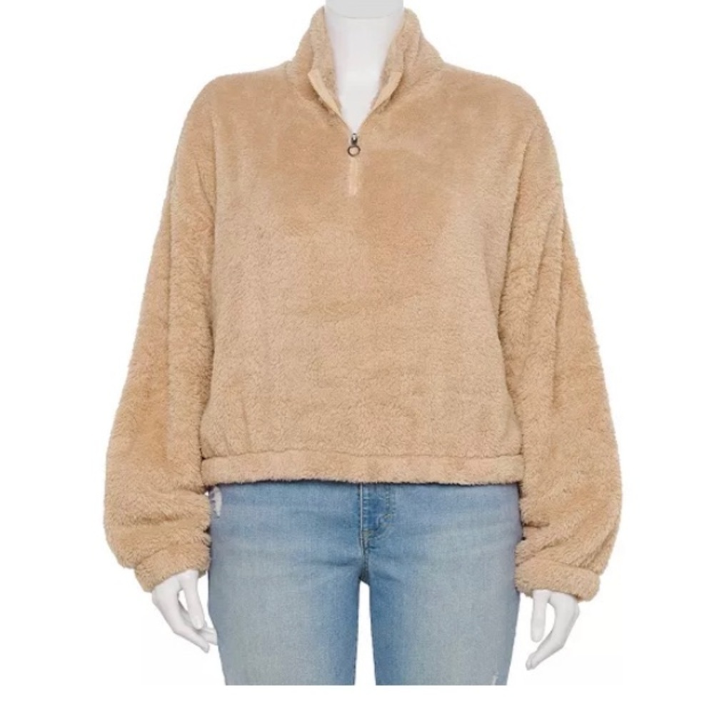 PLUS Size SO® Quarter-Zip Cropped Sherpa Pullover Tan Size 3X